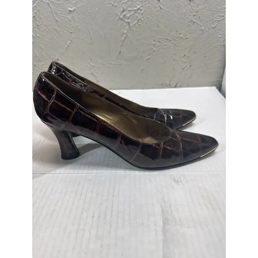 VTG Stuart Weitzman Point Toe Pumps Brown‎ Croc Gold Metal Accent 8 AAA Narrow